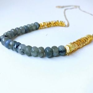 Labradorite Multifaceted Stone & Gold Ruffle Long Drape Necklace